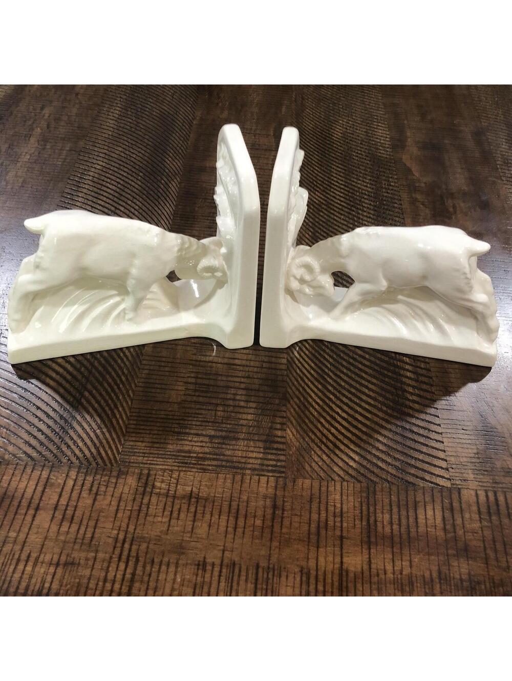 Vtg Bordallo Pinheiro Ceramic Ram Bookends